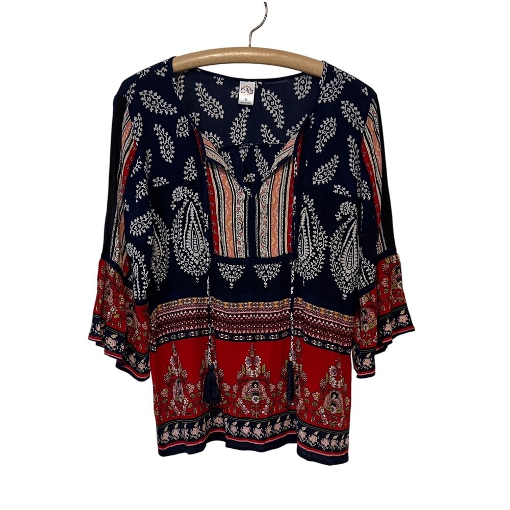 Bila Peasant Blouse Women Small Navy Red Paisley Floral Tassel TE369 Boho A23